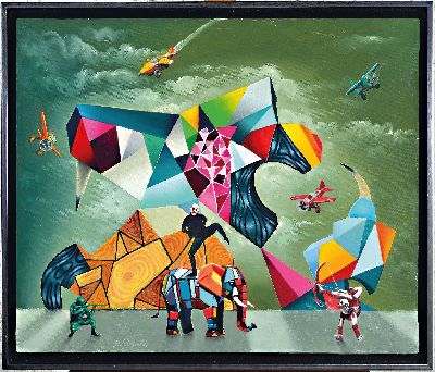 Paco Guzman Morcillo, zeitgen. Künstler, Asedio al Paquidermo, Öl/Lwd, sign., ca. 54x65cm, Rahmen mit Schattenfuge ca. 59x69cm