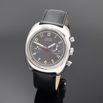 AERO Neuchatel Armbandchronograph in Stahl, Schweiz um 1975, Handaufzug, Boden verschr., schwarzes Zifferbl. m. arab. Leuchtzahlen, weiße ...