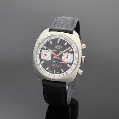PALLAS Para verchromter Armbandchronograph, Schweiz um 1975, Handaufzug, Stahlboden verschr., schwarzes Zifferbl. m. aufges. silb. Tritium-Ind., ...