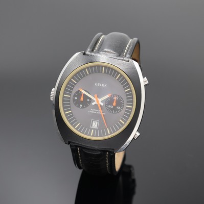 KELEK Armbandchronograph in Stahl, Schweiz um 1970, Handaufzug, Geh. teils geschw., Boden verschr., graues Zifferbl. m. Leuchtind., Leuchtzeiger, 12 ...
