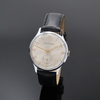 GIRARD PERREGAUX Armbanduhr im neutralen Gehäuse, Schweiz um 1950, Handaufzug, neutr. Geh. beids. vergl., Boden aufgedr., silb. Zifferbl. rest., ...