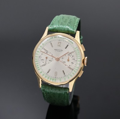 MEDICAL Armbandchronograph in RoseG 750/000, Schweiz um 1950, Handaufzug, Boden aufgedr., silb. Zifferbl. rest., aufgel. Std.-Ind., gold. Zeiger, 45 ...