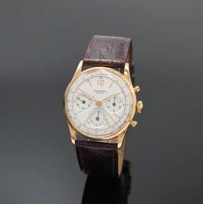 UNIVERSAL GENEVE Compax Armbandchronograph in RoseG 750/000, Schweiz um 1950, Handaufzug, Boden aufgedr., silb. Zifferbl. rest., gold. Std.-Ind., ...