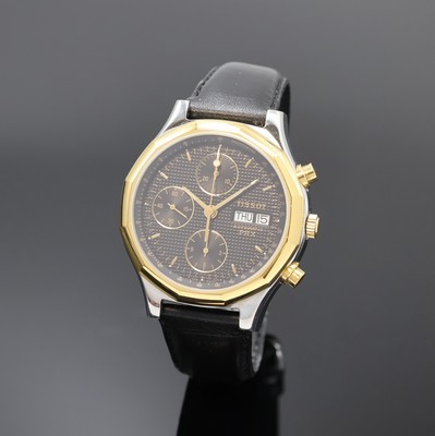 TISSOT PRX Armbandchronograph, Schweiz um 1990, Automatik, Stahlgeh. m. verg. 12-eckiger Lünette, Boden verschr., schwarz. Waffel- Zifferbl., gold. ...