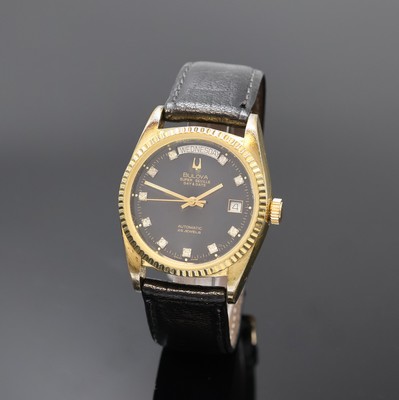 BULOVA Super Seville Day & Date Armbanduhr, Schweiz um 1990, Automatik, verg. Geh., Stahlboden u. Krone verschr., schwarzes Zifferbl. m. aufges. ...