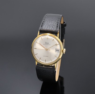 ZEWI Armbanduhr in GG 585/000, Schweiz um 1965, Automatik, Boden aufgedr., silb. Zifferbl. m. gold. Std.-Ind., gold. Zeiger, Datum b. 3, Kal. ...