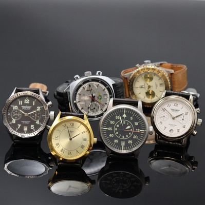 6 Russische Armbanduhren, Russland um 1980- 2010, Handaufzug/Automatik, 4 Chronographen, 2 Armbanduhren, Stahl/vergoldete Geh., Böden verschr. u. ...