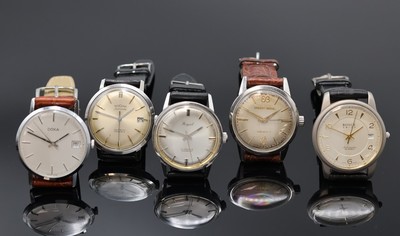 ROYCE, BERGANA, ROYAL, DOXA und ERNEST BOREL 5 Armbanduhren, Schweiz um 1960-2000, Handaufzug u. Automatik, verchr./Stahl u. Titan, Böden verschr. ...