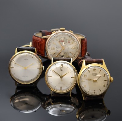 JUNGHANS, CAUNY Chronograph sowie 2 weitere Armbanduhren bezeichnet W, Schweiz 1950er/60er Jahre, Handaufzug, 3x verg. Gehäuse, 1x GG 585/000, ...