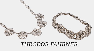 THEODOR FAHRNER Schmuckset, 1930er Jahre, 925er Silber, best. aus: 1 Collier, L. ca. 42.5 cm, Federringschließe, und 1 Armband, L. ca. 20 cm, ...