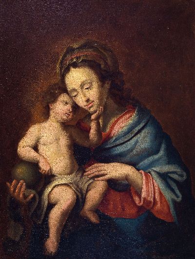 Unbekannter Meister, um 1780-1820, Maria mit dem Christuskind, Öl/Lwd, rest., doubl., innige Darstellung, ca. 60x46cm