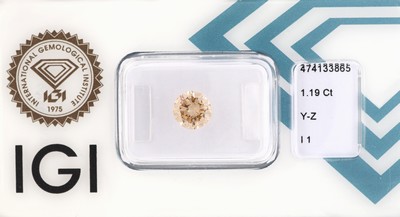 Loser Brillant 1.19 ct light brown (Y-Z)/p1, verschweißt, Polish und Symmetry good, Fluorescence very slight, laser drilled, mit IGI Expertise