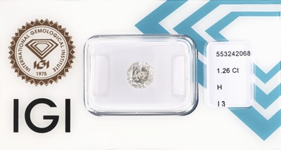 Loser Brillant 1.26 ct Weiß (H)/p3, verschweißt, Polish very good, Symmetry good, Fluorescence very slight, IGI Zertifikat
