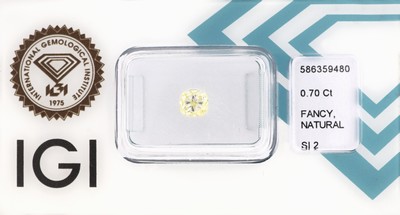 Loser Diamant 0.70 ct Natural fancy yellow/si2, Cushion modified, verschweißt, Polish very good, Symmetry good, Fluorescence none, IGI Zertifikat