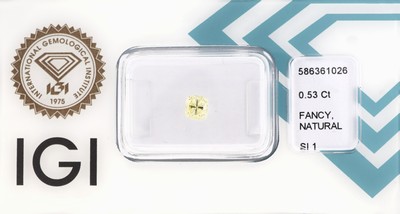 Loser Diamant 0.53 ct natural fancy light yellow/si 1, cushion cut, verschweißt, Polish very good, Symmetry good, Fluorescence none, IGI Zertifikat