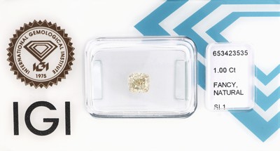 Loser Diamant, 1.0 ct Natural Fancy Light Greenish Yellow/si1, Cushion Cut, verschweißt,Polish very good, Symmetry good, Fluorescence none, ...
