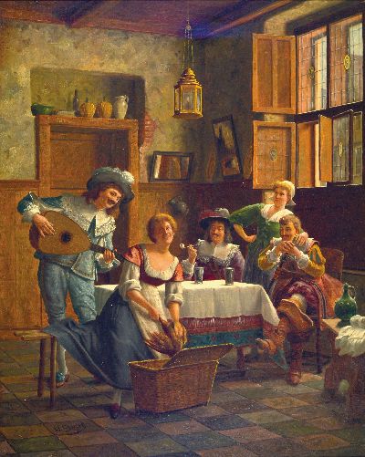 Wilhelm Friedrich Giessel, 1869-1938 Österreich, Wirtshausszene mit Edelmännern und Mägden, Öl/Lwd, links unten sign., ca. 78x64cm, R. ca. 92x76cm