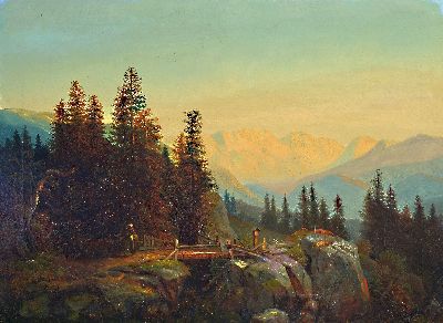 Unbekannter Künstler des ausgehenden 19. Jh., Hochgebirgslandschaft mit Brücke und Marterl, im Hintergrund Alpenglühen, Öl/Lwd, unsign., rest., ...
