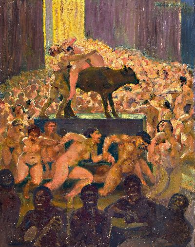 Robert Jakob Bock, 1896 Darmstadt-1943 Pirmasens, Studium an der Akademie München ab 1916, hier: vielfigurige Szene einer Orgie, mittig Paar mit ...