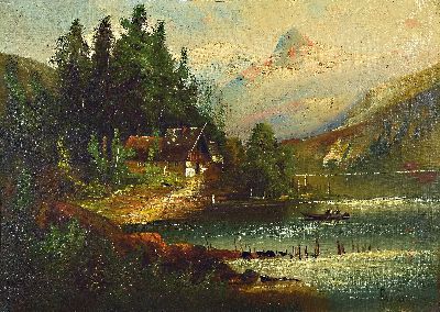 Unbekannter Künstler, süddeutsch, um 1900, Landschaft mit Hütte an einem Alpensee, Öl/ Lwd, rest., unsign., ca. 46x65cm, R. ca. 66x 84cm, Rahmen ...