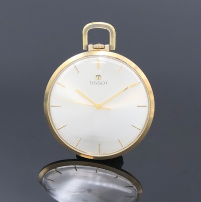 TISSOT Frackuhr in GG 585/000, Handaufzug, Schweiz um 1975, 3-teil. Geh., Boden und Glasrand aufgedr., silb. Zifferbl. m. aufgel. Indizes, Werk ...