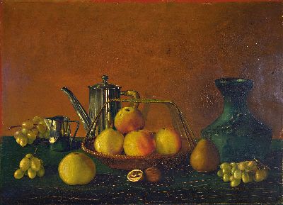 Unbekannter Maler, um 1910-20, Stillleben mit Silberkanne, Vase und Obst, Öl/Lwd, krakeliert, l. rest., unsign., 55x76 cm, R. ca. 65x85 cm