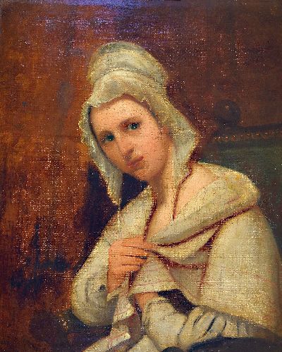Unbekannter Künstler, Niederlande, 1. Hälfte 19. Jh., Porträt einer jungen Dame mit Haube, Öl/Lwd, unsign., Lwd mehrfach geflickt, dennoch ...
