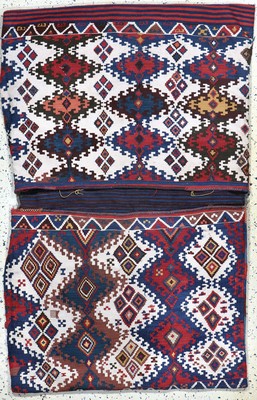 Bergama Kelim Doppeltasche antik, Türkei, 19.Jhd, Wolle auf Wolle, ca. 144 x 89 cm, EHZ:2-3