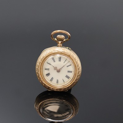 Offene Damentaschenuhr mit Emaillierung in RG 585/000, Schweiz um 1900, Geh. dell., Metallcuvette, rücks. m. floraler Emaillierung, Emailzifferbl. ...