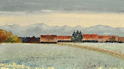 Jakob Bräckle, 1897-1987, Blick auf ein Dorf vor einem Gebirge, Öl/Hartfaser, rechts unten sign., ca. 11x19cm, R. ca. 13.5x21.5cm, Studium an der ...