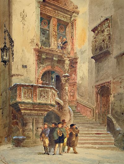 Friedrich Perlberg, 1848-1921, Gruppe Musiker vor einem herrschaftlichen Haus, Aquarell auf Papier, links unten signiert, rechts unten bez.: Proit ...