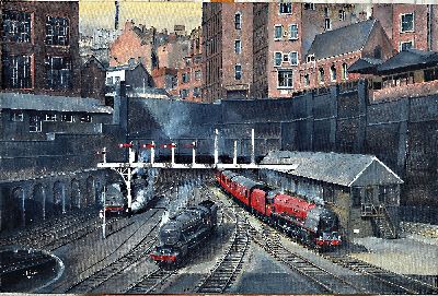 Wrenford Thatcher, geb. 1944 Großbritannien,Züge, die aus dem Tunnel fahren, Acryl/Lwd, links unten sign. und dat. 4/24, ca. 60x90cm