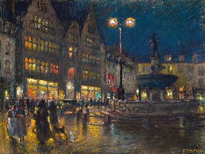 Friedrich Ferdinand Koch, 1863-1923, Abendliches Treiben auf einem Marktplatz, vielfigurige Szene mit erleuchteten Schaufenstern in gekonnter ...