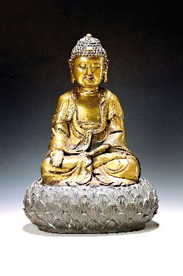 Großer Buddha auf Lotussockel, China, späte Quing, Bronze, Darstellung mit Dhyana Mudra , Rücken wohl mit Kangxi-Marke, H. 43 cm, Bodenplatte ...