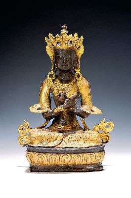 Vajrasattva, Tibet, 20.Jh., Bronze, auf Lotusthron sitzend, Bodenplatte intakt, H. 27 cm