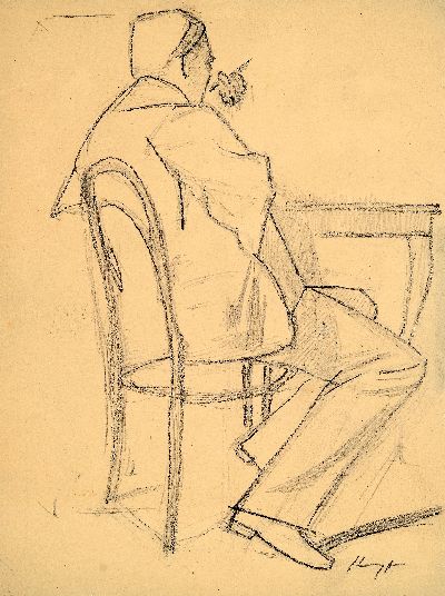 Max Slevogt, 1868 Landshut-1932 Neukastel, Bleistiftzeichnung, sitzender Mann mit Stift in der Hand, Bleistift auf Papier, gebräunt, rechts unten ...