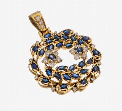 18 kt Gold Saphir-Brillant-Anhänger, GG 750/000, floral, 28 Saphir-Navettes und 2 rundfacett. Saphire zus. ca. 1.60 ct, 23 Brillanten zus. ca. 0.56 ...
