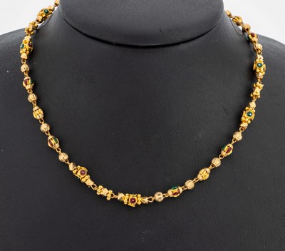 22 kt Gold Email-Collier, GG 916/000, Orient, Glieder in versch. Größen und Formen, teilw. mit Email in Rot und Grün, endlos, L. ca. 60 cm, ca. ...