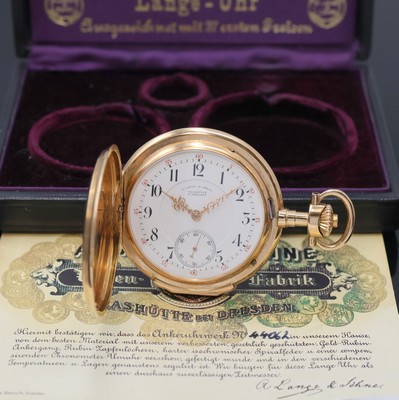 A. LANGE & SÖHNE 1A Louis-XV Herrensavonette in RG 750/000, Deutschland um 1900, glattes 3-Deckel Goldgeh. m. großem Aussenscharnier dell., grav. ...