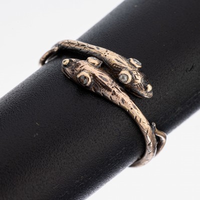 14 kt Gold Diamant-Ring, um 1840-60, RG 585/000, 2 gegenläufige Schlangen, Augen mit kl. Diamantrosen, RW 55