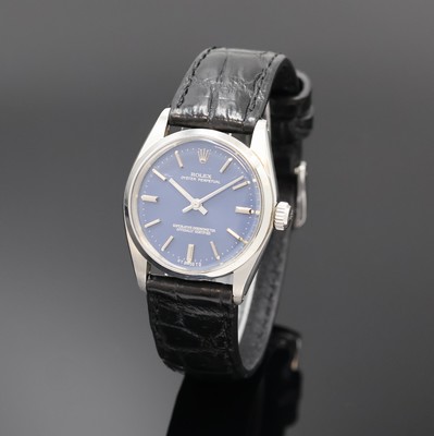 ROLEX Armbanduhr Oyster Perpetual Referenz 6748, Schweiz um 1973, Automatik, Edelstahlgeh., Boden und Krone verschr., ab Herst. wasserd., blaues ...