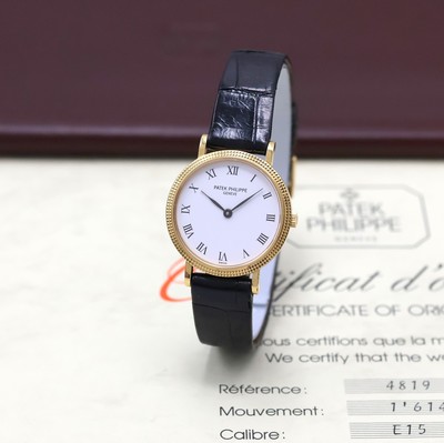 PATEK PHILIPPE Damenarmbanduhr Serie Calatrava in GG 750/000 Referenz 4819, 2-teil. Geh. inkl. orig. Lederband m. orig. GG 750/000 Dornschl., Boden ...