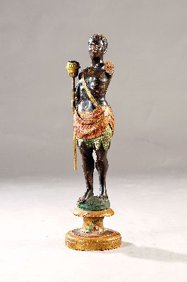 Figuren-Lampe, Venedig, um 1780, Holz geschnitzt und bunt gefaßt, am Gewand auch punziert, Goldstaffage, Arme fehlen, Zehen best., Lampenfassung ...