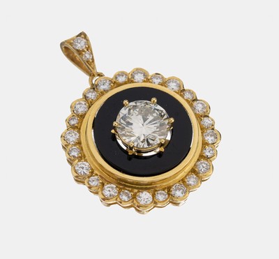 18 kt Gold Brillant-Onyx-Anhänger, GG 750/000, mittig erhaben gefasster Brillant ca.1.60 ct l.get.Weiß/si, Onyx-Einlage, 26 Brillanten zus. ca. ...