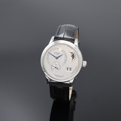 GLASHÜTTE ORIGINAL Herrenarmbanduhr PanoMaticLunar, Deutschland um 2010, Automatik, beids. vergl. Edelstahlgeh. inkl. orig. Lederband m. orig. dopp. ...