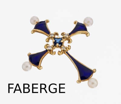14 kt Gold FABERGE Saphir-Brillant -Kreuzanhänger, GG 585/000, Faberge New York, Mitternachtskreuz, blaues Email, Schenkel mit kl. Perlen, mittig ...