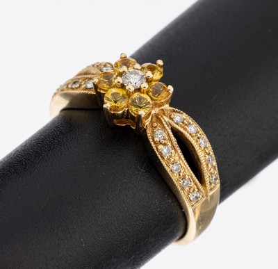 14 kt Gold Brillant-Saphir-Ring, GG 585/000, 21 Brillanten zus. ca. 0.25 ct Weiß/si, 6 rundfacett. gelbe Saphire zus. ca. 0.30 ct, RW 54, ca. 3.3 g