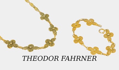 THEODOR FAHRNER Schmuckset, 1930er Jahre, 925er Silber, nachträglich vergoldet, sogn. Kräuselfahrner, best. aus: 1 Collier, L. ca. 40 cm und 1 ...