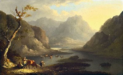 Zuschreibung: Thomas Barker of Bath, 1767 Pontypool- 1847 Bath, Schottische Highland -Landschaft, wohl Blick über den Lake of Killarney, Kühe und ...