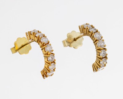 Paar 14 kt Gold Brillant-Ohrstecker, GG 585/000, 18 Brillanten zus. ca. 1.0 ct Weiß/p1-2, ca. 3.5 g